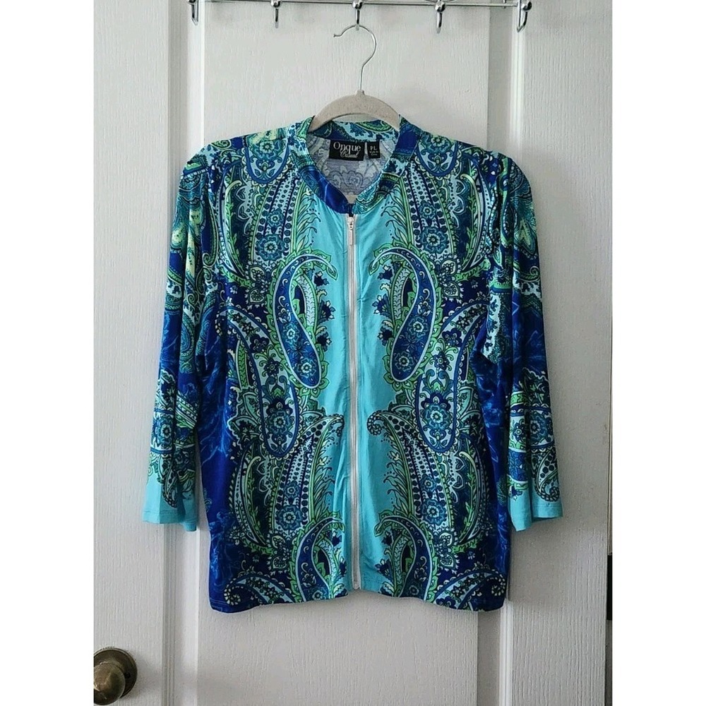 Onque Casual Women's Floral Paisley Full Zip‎ Blouse 3/4 Sleeve Turquoise Sz PL